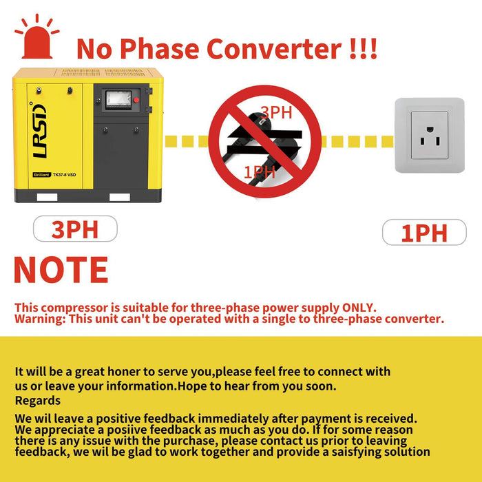 TK Series 50HP 37KW LRSD Rotary Screw Air Compressor |  206.59 CFM @ 125 PSI | 220V 480V 3-Phase 60Hz | RP1-1/2
