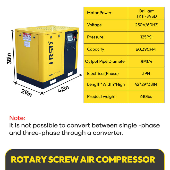 15HP 11KW LRSD Rotary Screw Air Compressor | 66.04CFM @ 125 PSI | 460V 3-Phase 60Hz |  RP3/4"  |  VSD (TK11-8)