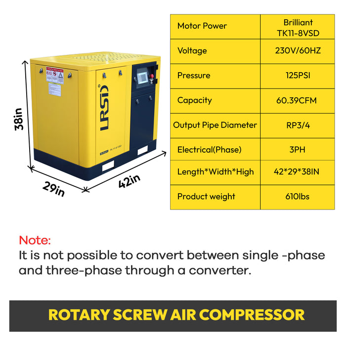 LRSD 15HP 11KW Rotary Screw Air Compressor with Refrigerated Air Dryer| 60.39 CFM @ 125 PSI | 230V 3-Phase 60Hz | RP3/4"  | (TK11-8)