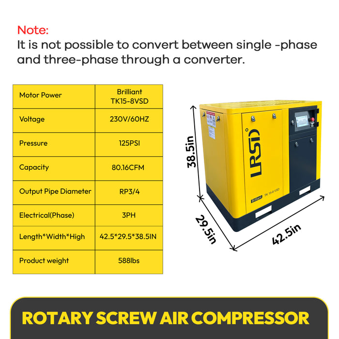 TK Series 20HP 15KW LRSD Rotary Screw Air Compressor | 80.16 CFM @ 125 PSI | 230V3-Phase 60Hz | RP3/4"  |  VSD(TK15-8 VSD)
