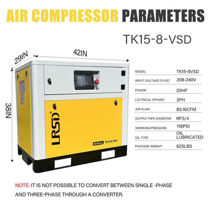 TK Series LRSD Rotary Screw Air Compressor | 20HP 15KW  | 86.17 CFM @ 125 PSI | 220V 3-Phase 60Hz | RP3/4"  | VSD