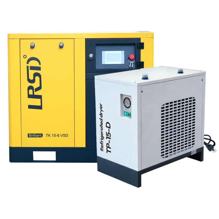 TK Series 20HP 15kW LRSD Rotary Screw Air Compressor | 80.16 CFM @ 116PSI | 230V Three-Phase 60Hz | RP3/4 Inch | Inverter Drive with 20HP Refrigerated Dryer (Single-Phase Power)
