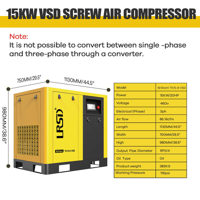 TK Series 20HP 15KW LRSD Rotary Screw Air Compressor | 86.17 CFM @ 125 PSI | 460V 3-Phase 60Hz | RP3/4"  |  VSD