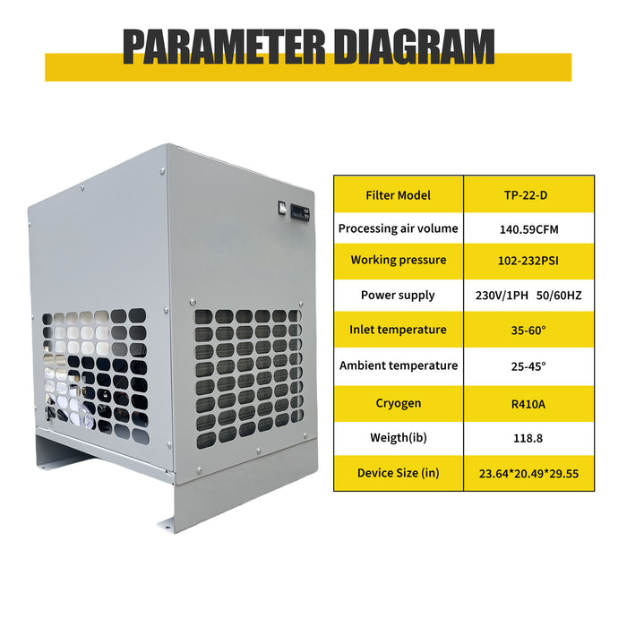 220V 60Hz Refrigerated Air Dryer – 141 CFM@102-232PSI for 22KW Air Compressors | Efficient Moisture Removal