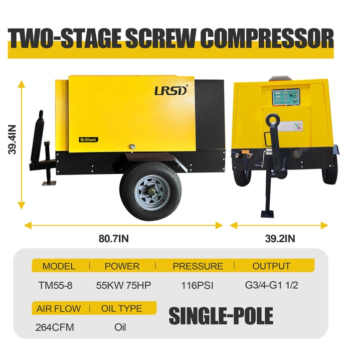 TM Series 75HP 55KW LRSD Rotary Screw Air Compressor | 264CFM @ 116 PSI