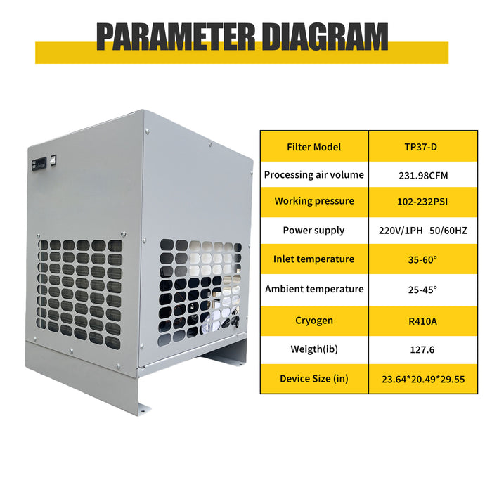 220V 60Hz Refrigerated Air Dryer –232CFM@102-232PSI for 50HP Air Compressors | Efficient Moisture Removal