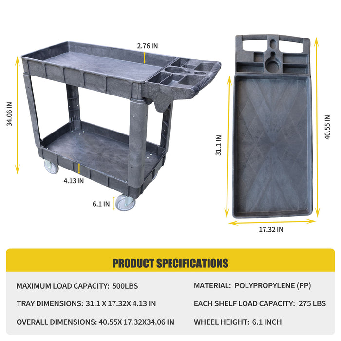 Heavy-Duty 2-Shelf Utility Cart – 550LBS Capacity with 360° Swivel & Locking Wheels – Rolling Storage for Garage, Warehouse, Workshop & Industrial Us