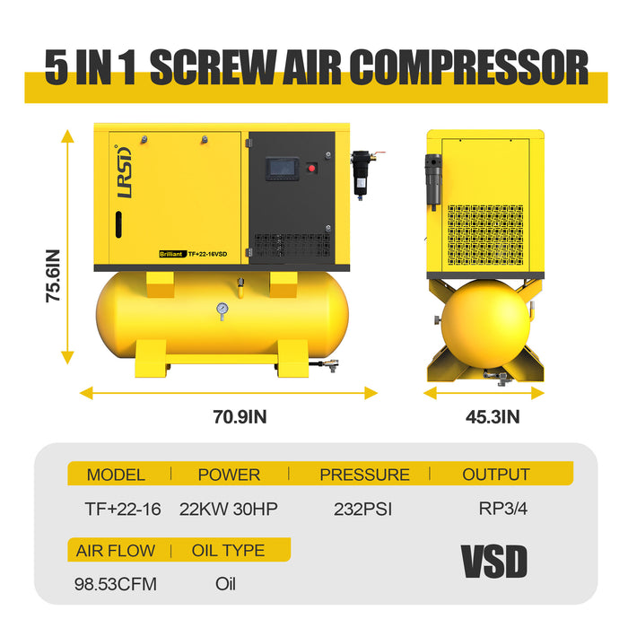TF+ Series  20HP 15KW LRSD 5in1 Rotary Screw Air Compressor | 98.53CFM @ 232PSI | 220V 3-Phase 60Hz |  RP3/4  |  VSD