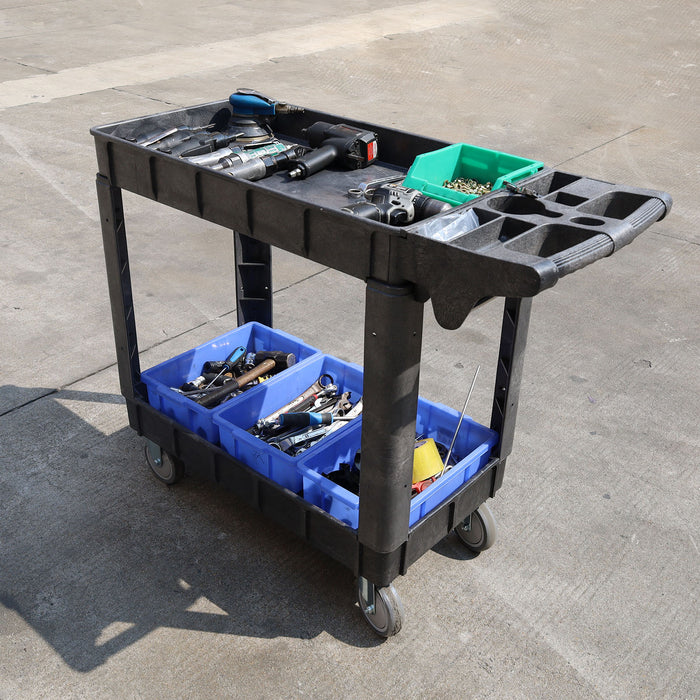 Heavy-Duty 2-Shelf Utility Cart – 550LBS Capacity with 360° Swivel & Locking Wheels – Rolling Storage for Garage, Warehouse, Workshop & Industrial Us