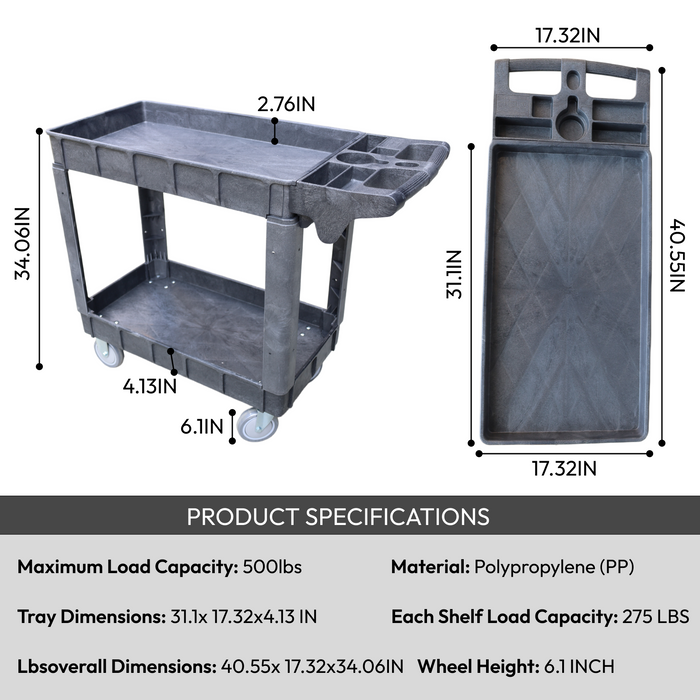 Heavy-Duty 2-Shelf Utility Cart – 500LBS 40.55“x17.32“x34.06“ Capacity with 360° Swivel & Locking Wheels – Rolling Storage for Garage, Warehouse, Workshop & Industrial Us
