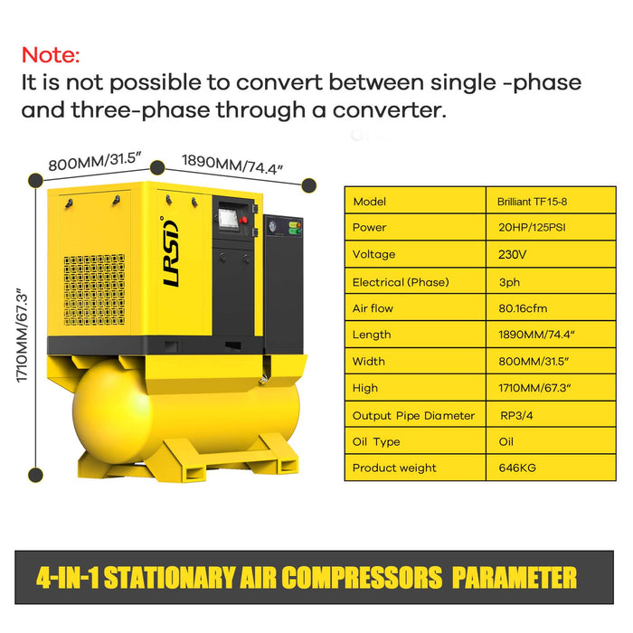 TF Series 15HP 11KW LRSD Rotary Screw Air Compressor | 66.04CFM @ 125 PSI | 220V 3-Phase 60Hz |  RP3/4"  |  VSD