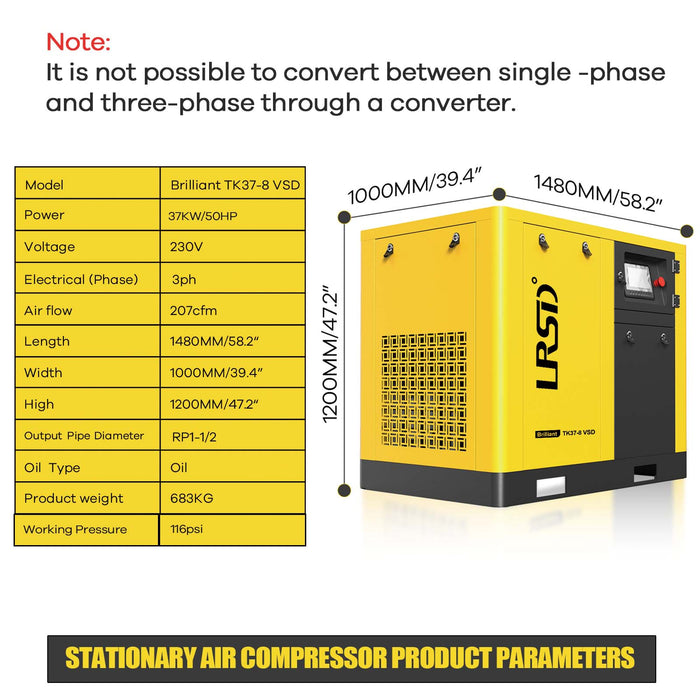 TK Series 50HP 37KW LRSD Rotary Screw Air Compressor |  206.59 CFM @ 125 PSI | 220V 480V 3-Phase 60Hz | RP1-1/2