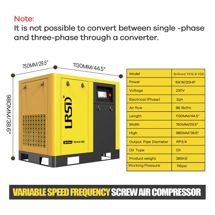 TK Series 20HP 15KW LRSD Rotary Screw Air Compressor | 86.17 CFM @ 125 PSI | 230V3-Phase 60Hz | RP3/4"  |  VSD