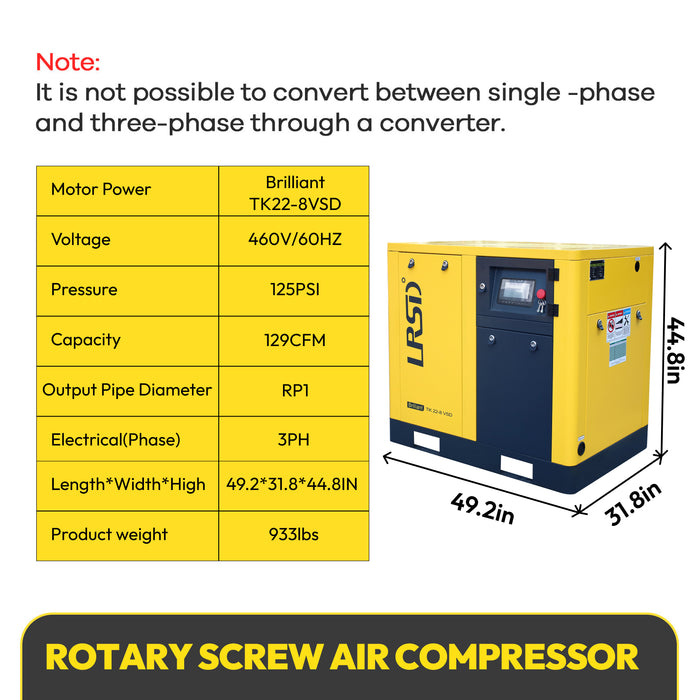 30Hp 3Ph 460V 125PSI Screw Air Compressor with 1 Ph Refrigerated Air Dryer