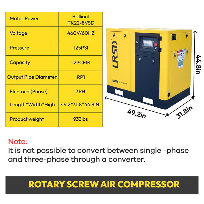 30HP 22KW LRSD Rotary Air Compressor | 129CFM @ 125 PSI |460V 3-Phase 60Hz | RP1  |  VSD (TK22-8)