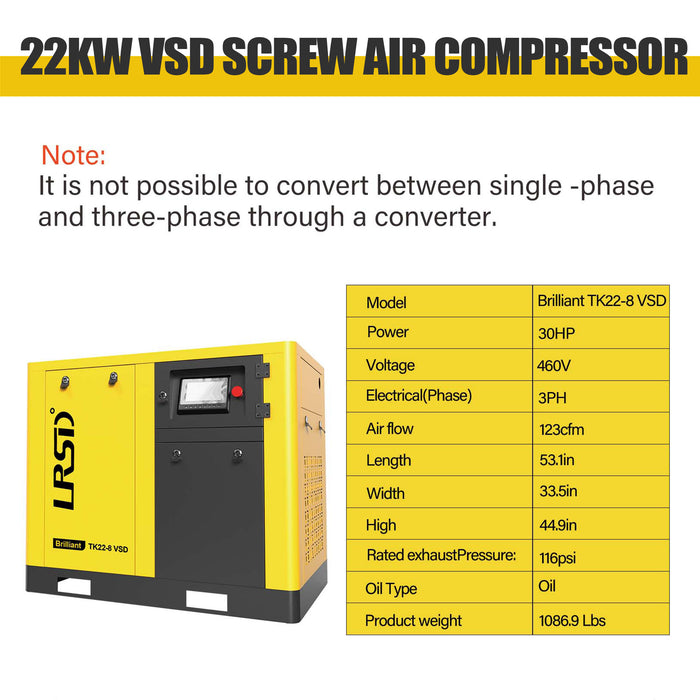TK Series 30HP 22KW LRSD Rotary Screw Air Compressor | 122.90 CFM @ 125 PSI | 460V 3-Phase 60Hz | RP1  |  VSD