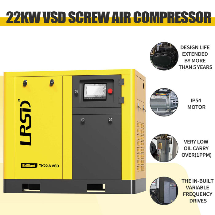 TK Series 30HP 22KW LRSD Rotary Screw Air Compressor | 122.90 CFM @ 125 PSI | 460V 3-Phase 60Hz | RP1  |  VSD