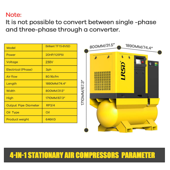 TF Series 20HP 15KW LRSD Rotary Screw Air Compressor | 80.16CFM @ 116 PSI | 230V 3-Phase 60Hz |  RP3/4"  |  VSD