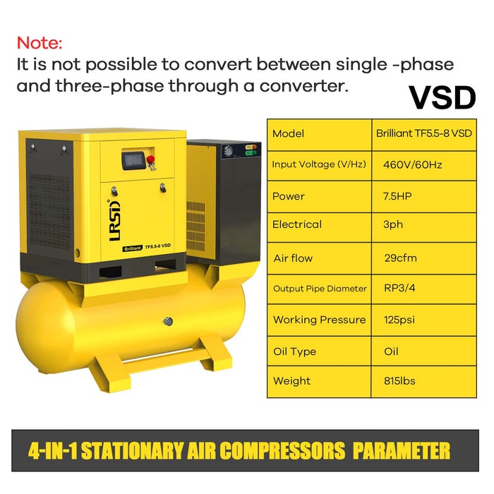 TF Series 4-in-1 Rotary Screw Air Compressor  |  5.5KW/7.5HP, 29CFM, 230V/3PH |  Variable Frequency Drive (VFD) with Cold Dryer & Air Tank Filter