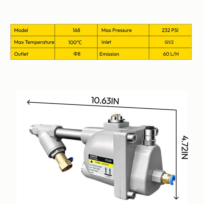 Pneumatic Auto Water Drainer for Air Compressor or Tank G1/2’’ Drain Valve, PG168