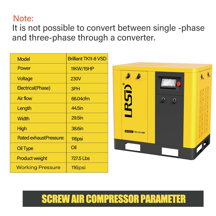 TK Series 15HP 11KW LRSD Rotary Screw Air Compressor | 66.04CFM @ 125 PSI | 220V 3-Phase 60Hz |  RP3/4"  |  VSD