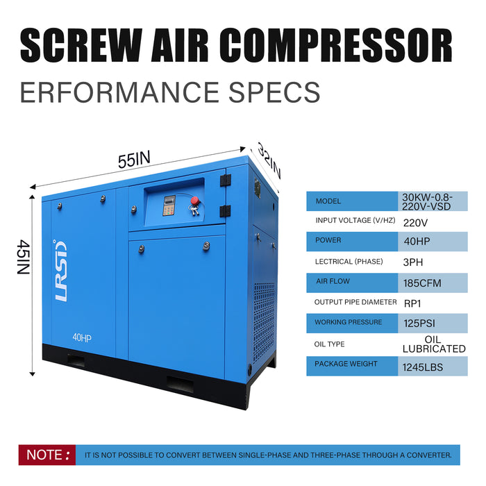 LRSD 40HP 30KW VSD Rotary Screw Air Compressor with Refrigerated Air Dryer| 185 CFM @125 PSI | 220V 3PH 60Hz | RP1-1/2"  | (30KW-0.8-220V)