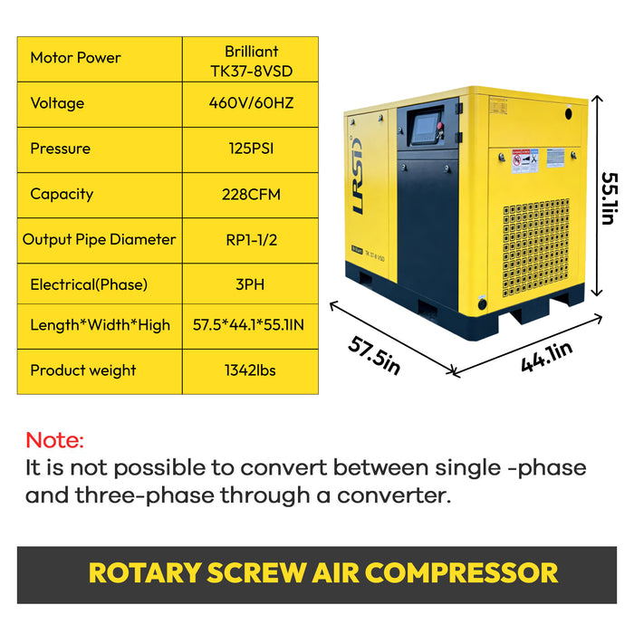 50HP 37KW LRSD Rotary Screw Air Compressor |  228 CFM @ 125 PSI | 460V 3-Phase 60Hz | RP1-1/2(TK37-8 VSD)