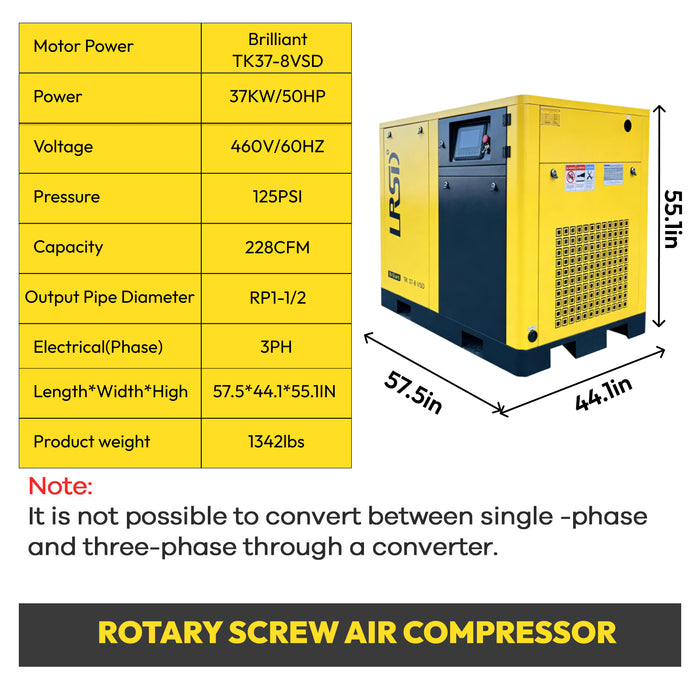 LRSD 50HP 37KW Rotary Screw Air Compressor with Refrigerated Air Dryer| 228 CFM @125 PSI | 460V 3-Phase 60Hz | RP1-1/2"  | (TK37-8)