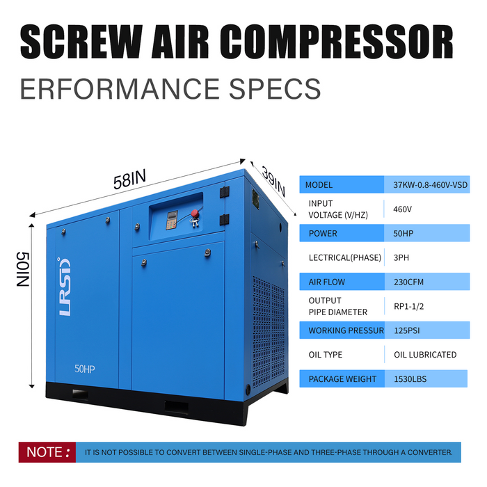 50HP 125PSI 3PH Rotary Screw Air Compressor 460V With 230CFM 1Phase Compressed Air Dryer