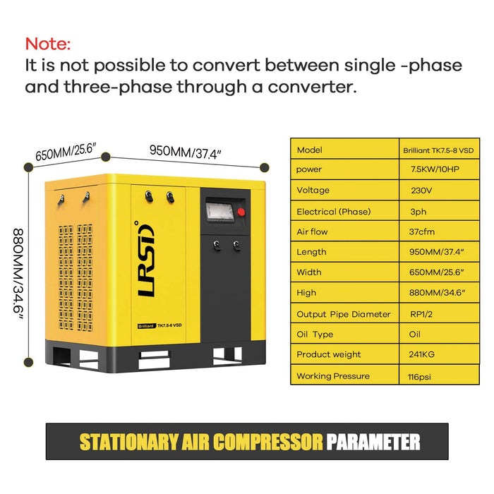 TK Series 10HP 7.5KW LRSD Rotary Screw Air Compressor | 37.43 CFM @ 125 PSI | 220V 3-Phase 60Hz |  RP1/2"   |  VSD