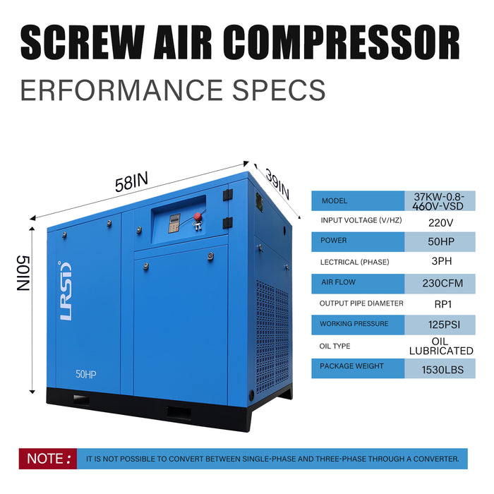 50HP 125PSI 3P Rotary Screw Air Compressor w/ 230CFM 1Phase Compressed Air Dryer