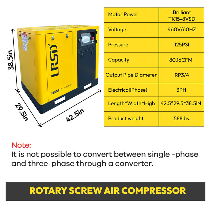 20HP 15KW 80cfm 3 Phase 460V  Rotary Screw Air Compressor with Refrigerated Air Dryer (TK15-8 VSD)