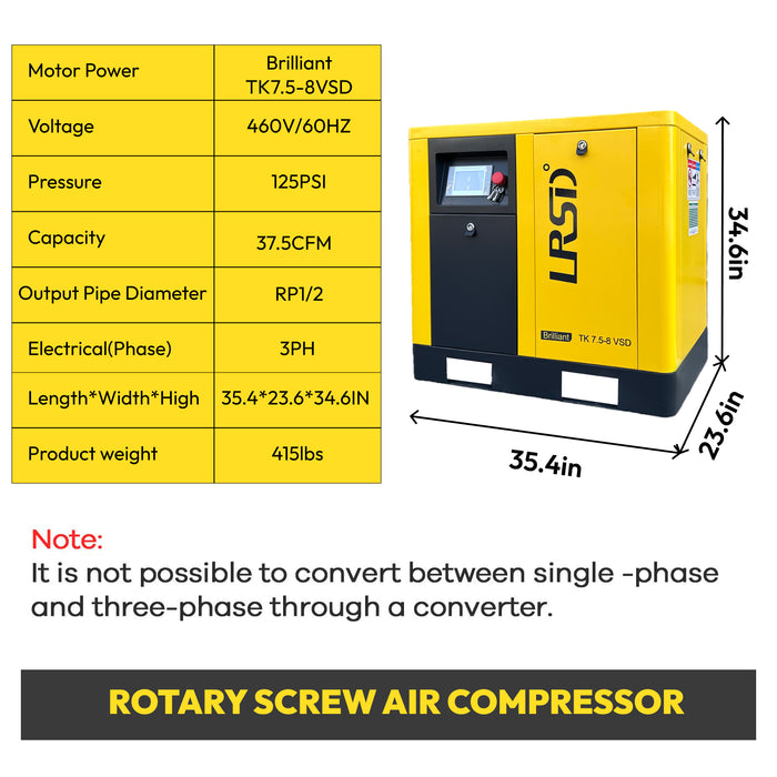 10HP 7.5KW LRSD Rotary Screw Air Compressor | 37.5 CFM @ 125 PSI | 460V 3-Phase 60Hz |  RP1/2"   |  VSD (TK7.5-8 VSD)