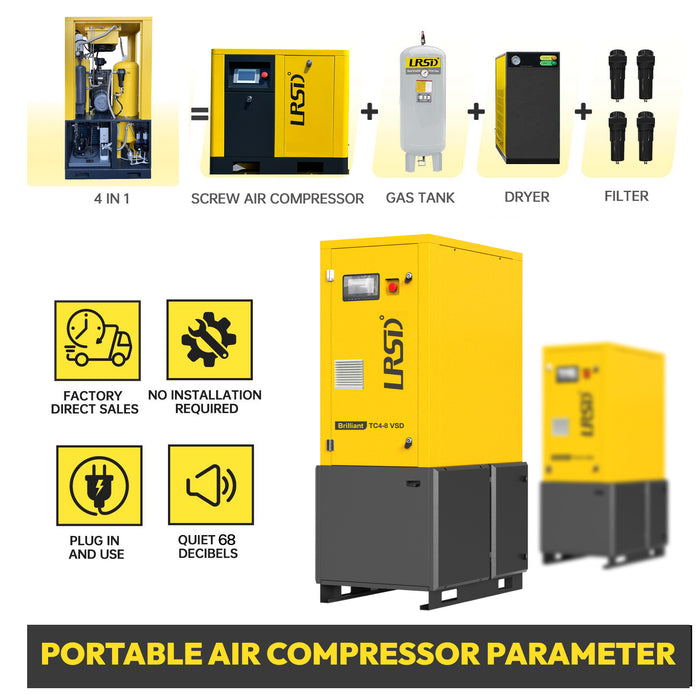 4KW 5.5Hp 3Ph 220V Rotary Screw Air Compressor + Air Dryer+30 GAL Asme Air Tank