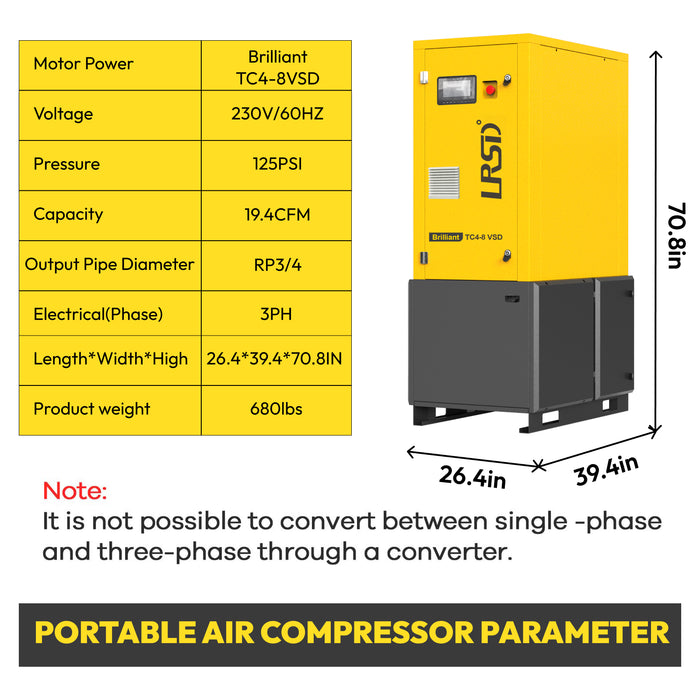 4KW 5.5Hp 3Ph 220V Rotary Screw Air Compressor + Air Dryer+30 GAL Asme Air Tank
