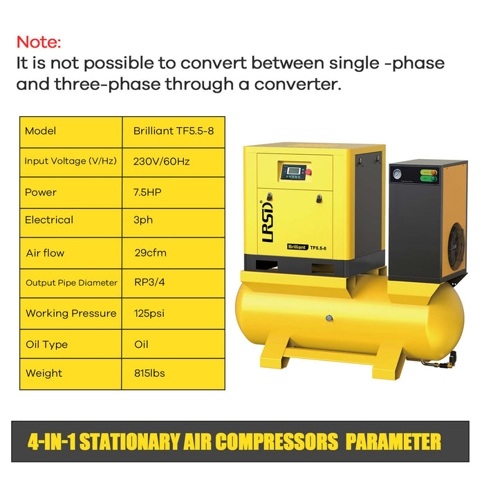 4-In-1 Rotary Screw Air Compressor 5.5KW/7.5HP 230V/3ph 28.96CFM Screw Compressor With Cold Dryer And Air Tank Filter Screw Air Compressor