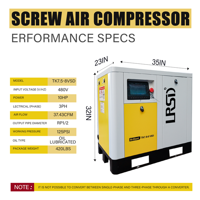 TK Series LRSD Rotary Screw Air Compressor | 10HP 7.5KW | 37.43 CFM @125 PSI |   480V 3-Phase  60Hz |  RP1/2"  | VSD