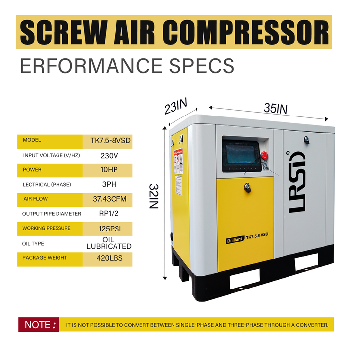 TK Series LRSD Rotary Screw Air Compressor | 10HP 7.5KW  | 37.43 CFM @125 PSI | 220V 3-Phase 60Hz |  RP1/2"  | VSD