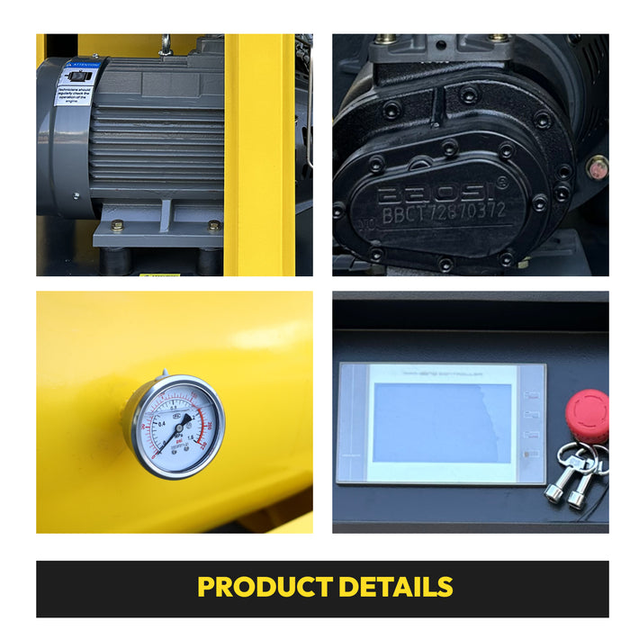 Rotary screw air compressor, 7.5 kW/10 hp, 460 volts/3 phase, 37.5 cubic feet per minute, with compressor, refrigerated dryer and 80-gallon air tank.