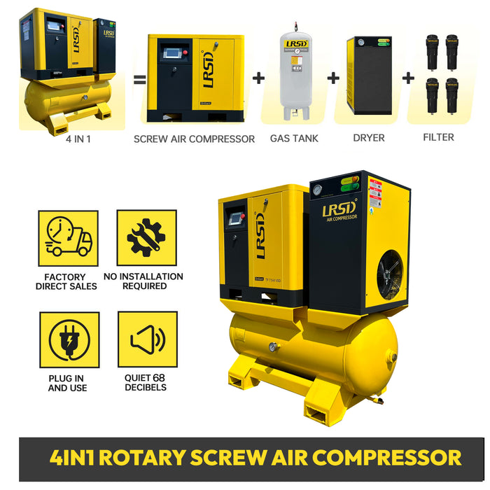 TF Series 4-in-1 Rotary Screw Air Compressor | 5.5KW / 7.5HP, 27CFM, 480V/3PH | VFD with Cold Dryer & Air Tank Filter | ASME & UL Certified
