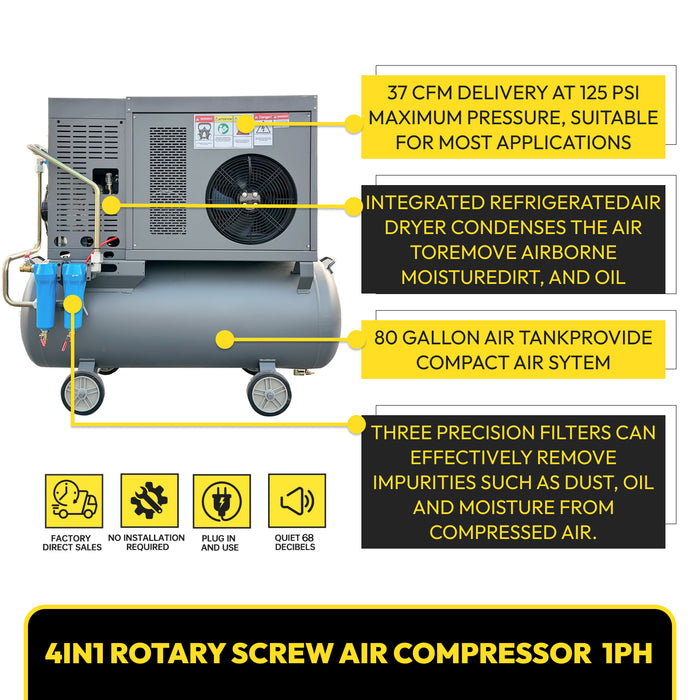 Rotary Screw Air Compressor w/ Air Dryer 60GAL Air Tank 125Psi 1Phase 10HP 220V 37.5cfm  1 phase
