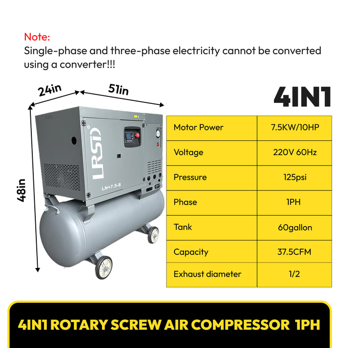 Rotary Screw Air Compressor w/ Air Dryer 60GAL Air Tank 125Psi 1Phase 10HP 220V 37.5cfm  1 phase