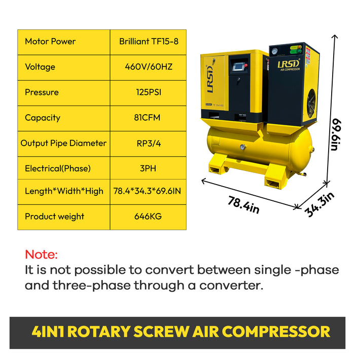 TF Series  20HP 15KW LRSD Rotary Screw Air Compressor | 81CFM @ 116 PSI | 460V 3-Phase 60Hz |  RP3/4"  |  VSD