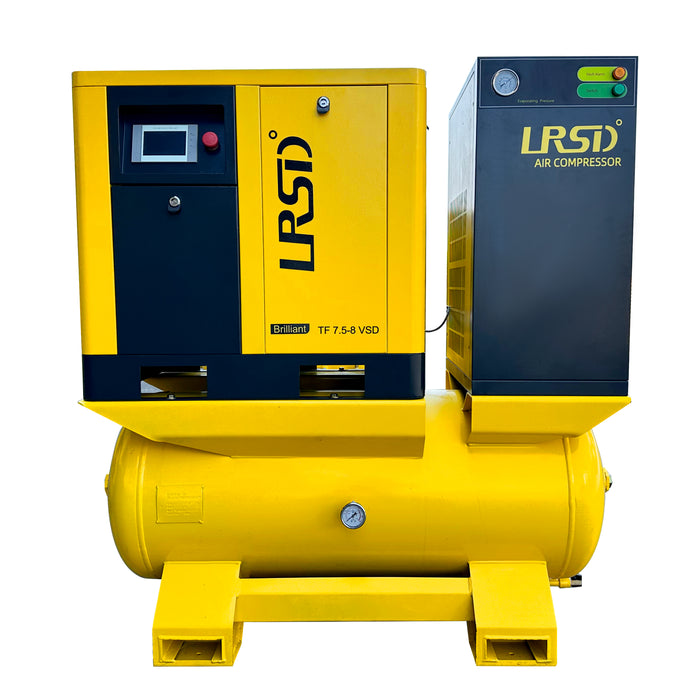 Rotary screw air compressor, 7.5 kW/10 hp, 460 volts/3 phase, 37.5 cubic feet per minute, with compressor, refrigerated dryer and 80-gallon air tank.