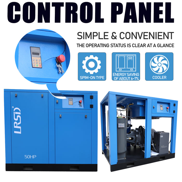 50HP 125PSI 3P Rotary Screw Air Compressor w/ 230CFM 1Phase Compressed Air Dryer