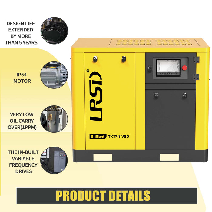 TK Series 50HP 37KW LRSD Rotary Screw Air Compressor |  206.59 CFM @ 125 PSI | 220V 480V 3-Phase 60Hz | RP1-1/2