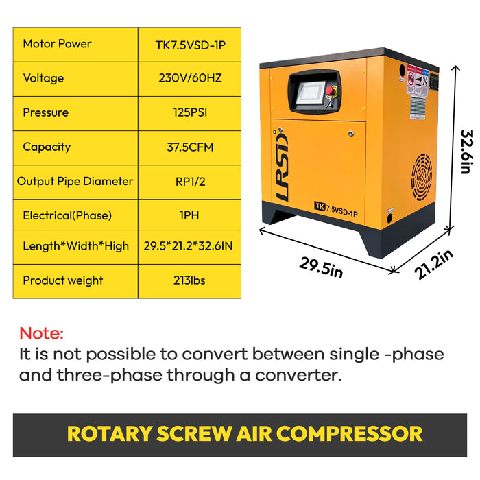 10hp(1PH) rotary screw air compressor, displacement: 37.5CFM, inverter/inverter drive, 208V-230V single phase.