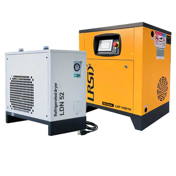 230V 1Phase 125psi 10HP Rotary Screw Air Compressor with 52.9CFM Refrigerated Dryer 1HP LSPVSD10