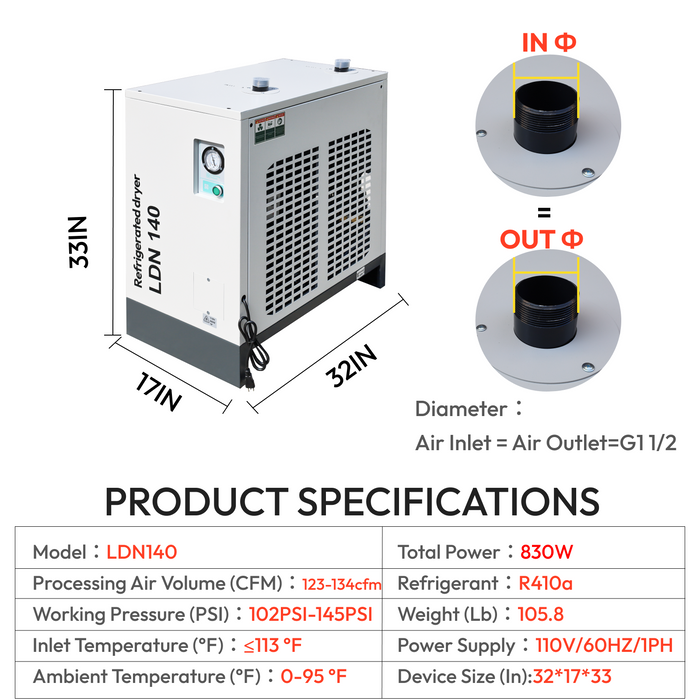 Air Dryer110V/60HZ Refrigerated Compressed System 123-134CFM - 30HP air compressor