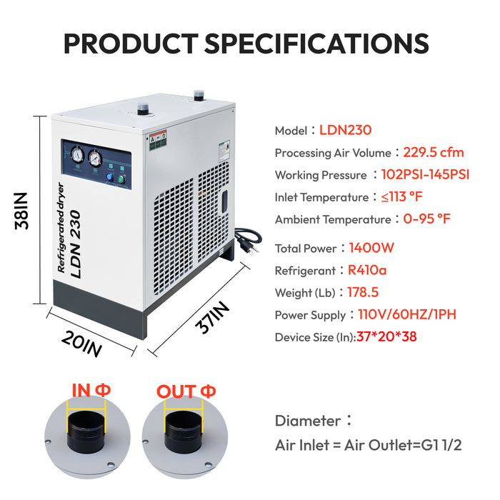 LRSD 50HP 37KW Rotary Screw Air Compressor with Refrigerated Air Dryer| 228 CFM @125 PSI | 460V 3-Phase 60Hz | RP1-1/2"  | (TK37-8)